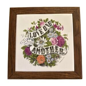 Vintage Currier & Ives Love One Another Framed Wood Ceramic Tile Art Wall Decor